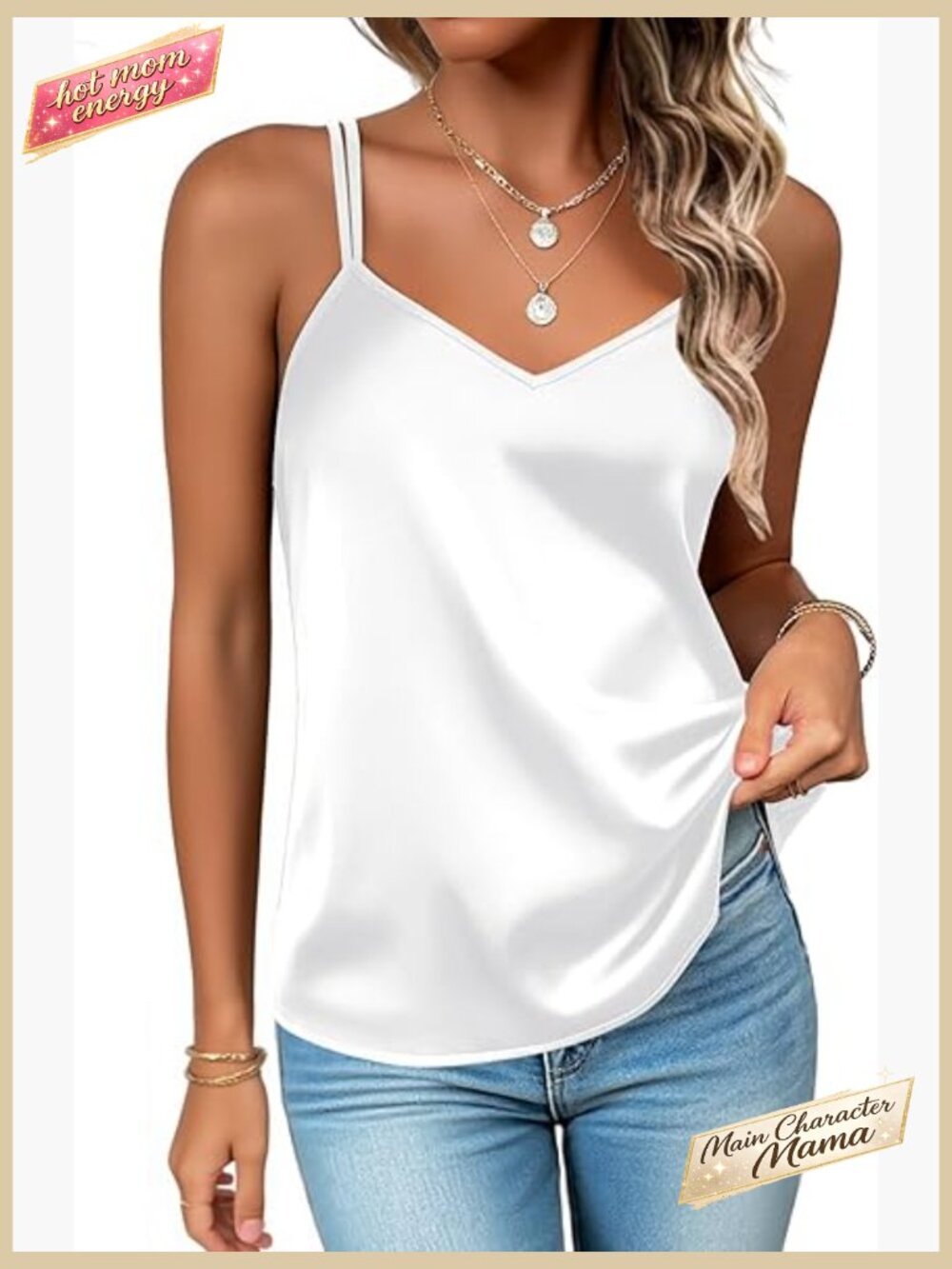 V Neck Satin Camisole Tank Top with Criss Cross Back Spaghetti Strap Blouse